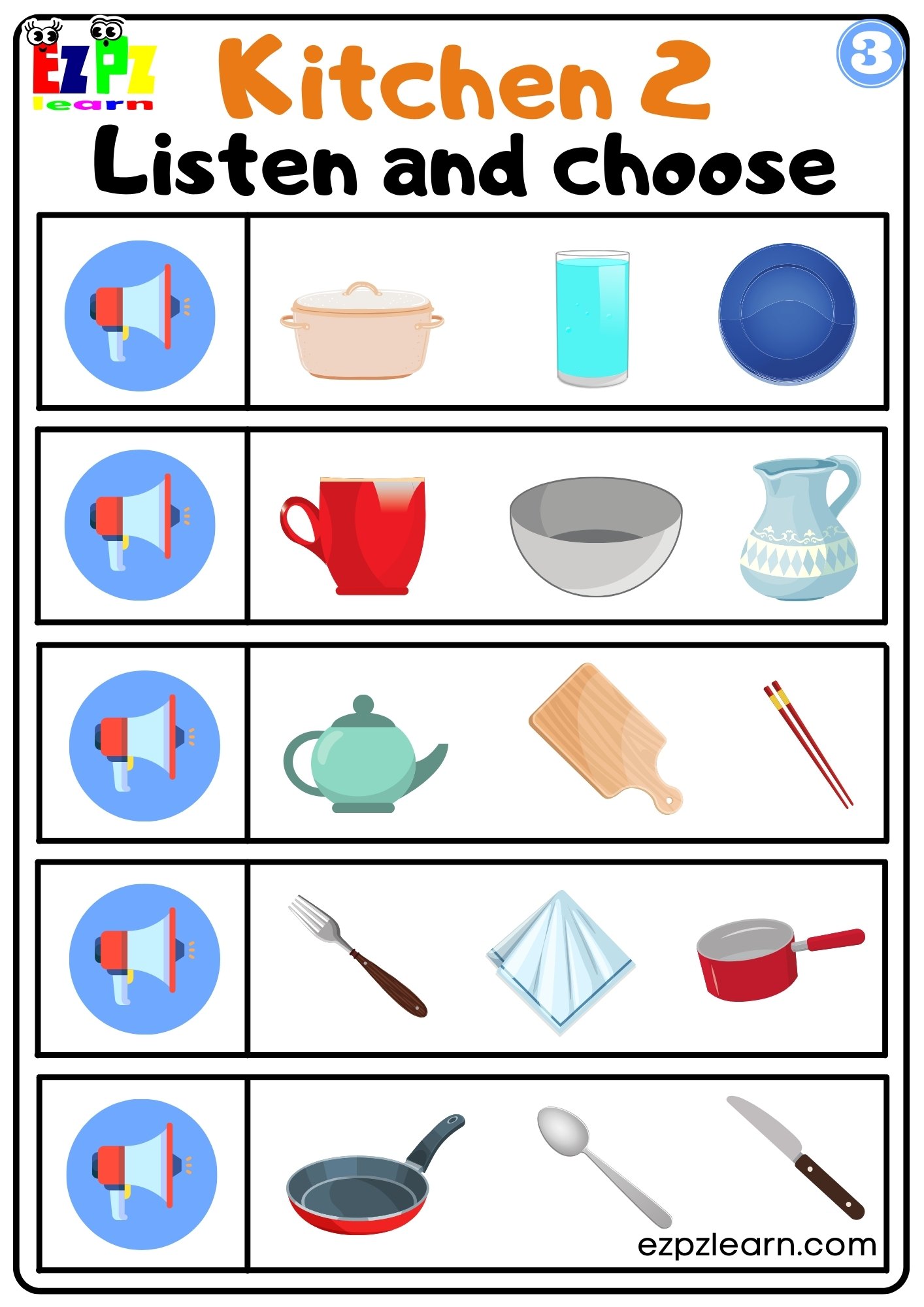 Kitchen Objects Vocabulary Interactive Worksheet Listen and Choose the